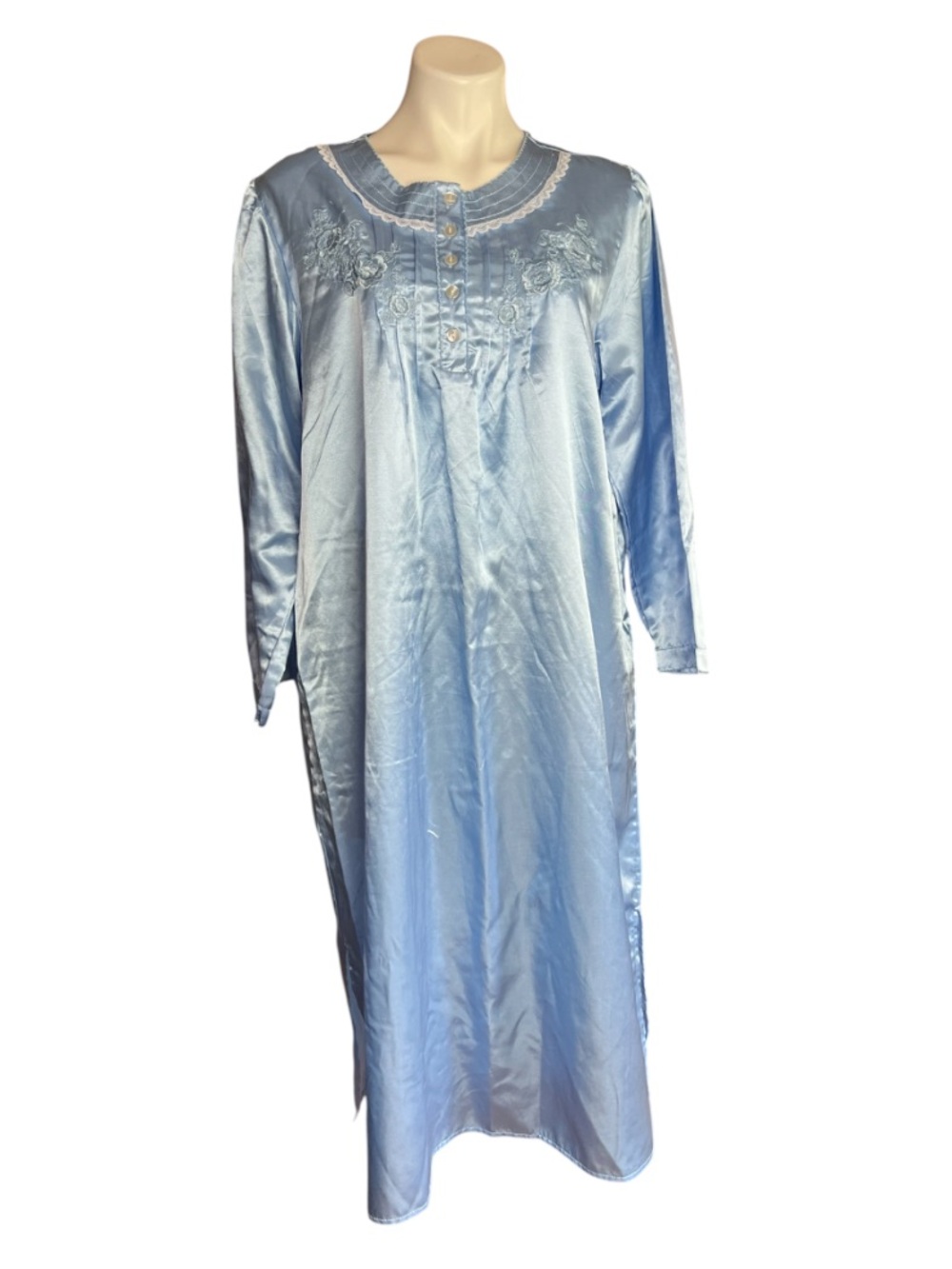Vintage CW Classics Blue Satin Nightgown Embroidered Lace Trim LG